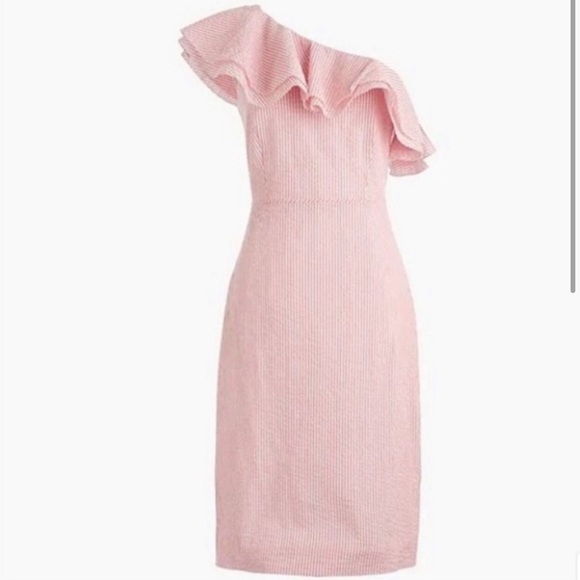 J.Crew One Shoulder Ruffle Seersucker Dress - Picture 2 of 15